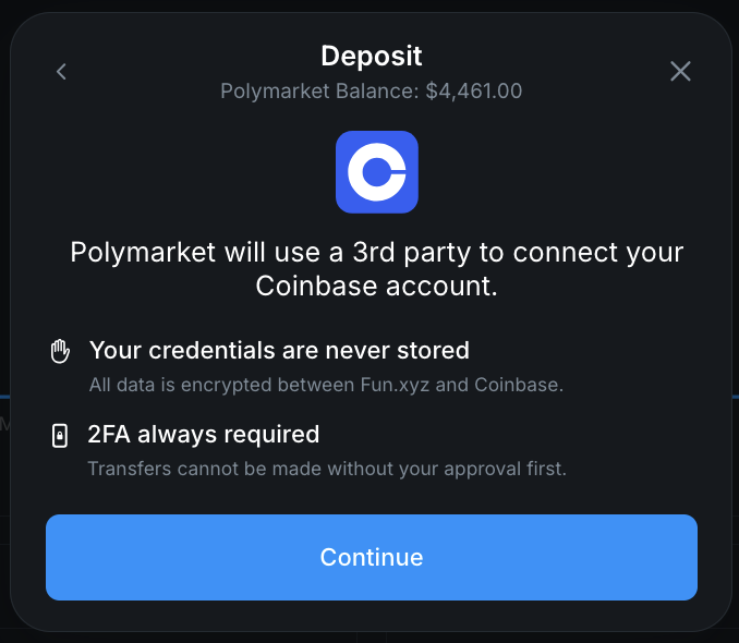 Coinbase connect screen showing security information — credentials never stored, 2FA always required