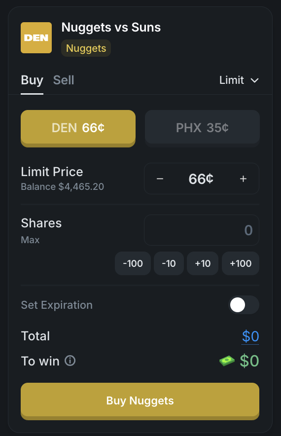 Polymarket limit order interface showing price selector, shares input, expiration toggle, and total calculation