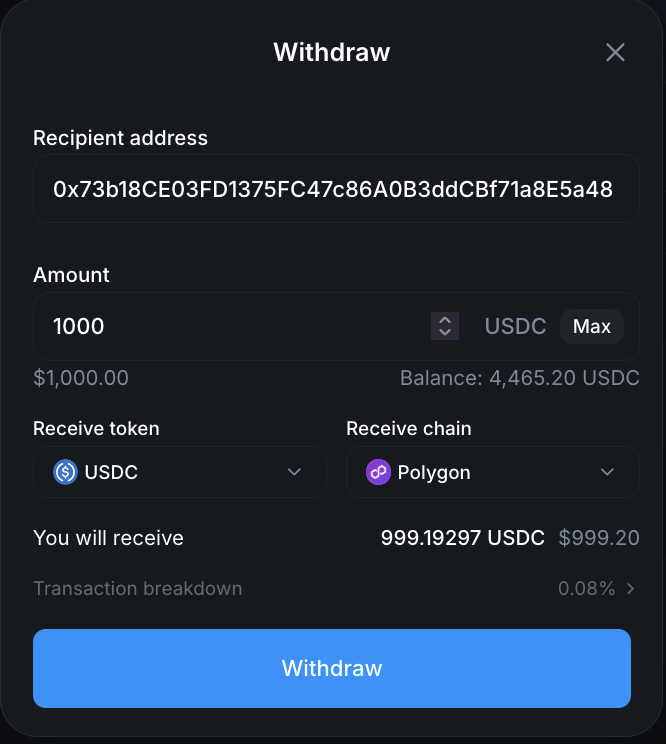 Polymarket withdrawal interface showing recipient address, amount, token and chain selectors, and transaction breakdown